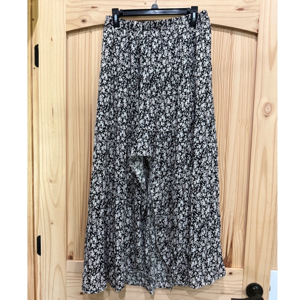 Floral High Low Maxi Skirt Black White Elastic Waist Tulip Hem XL